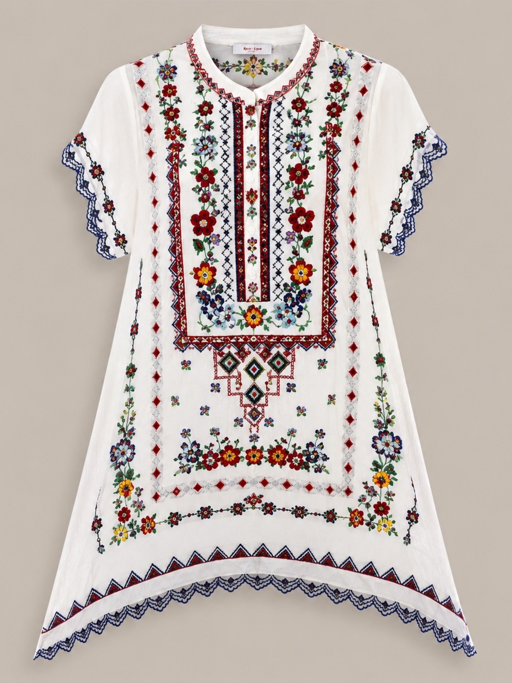 Johnny Was White Embroidered Cupra Floral Tunic Top Short Sleeve S Scalloped Red